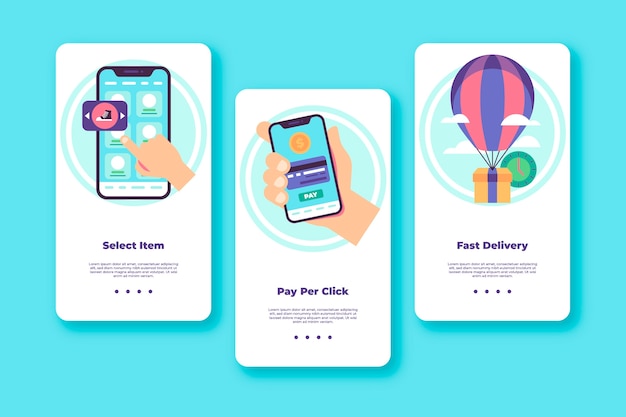 Purchase online onboarding app screens set