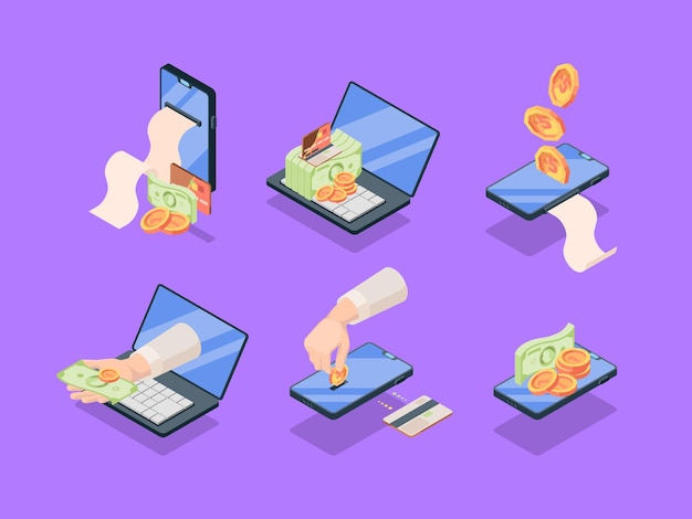 Purchases and sales online applications isometric set. Commercial mobile web applications with retail electronic payment issuance of check prepayment by credit card.