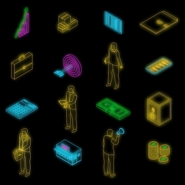 Purchasing manager icons set vector neon