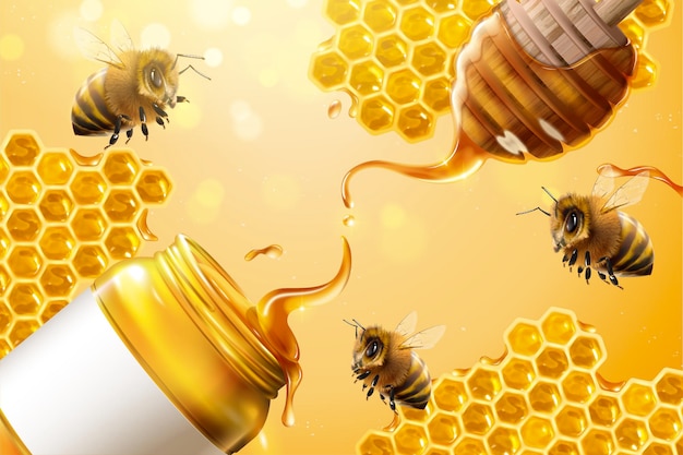 Pure honey ads with bees and honeycomb in 3d illustration on glitter yellow background