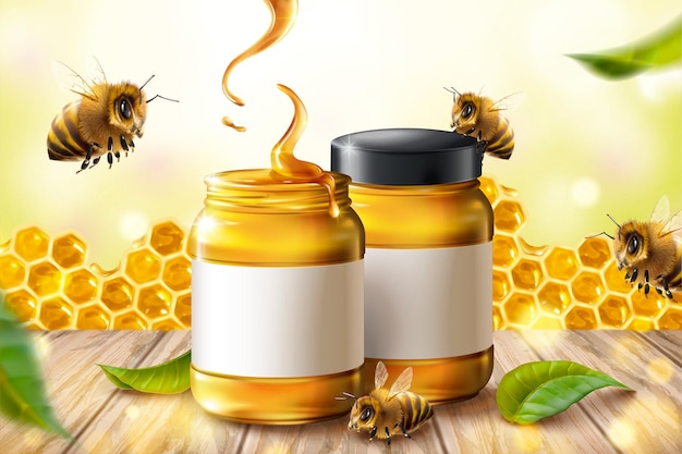 Pure honey ads with bees and honeycomb in 3d illustration on wooden table