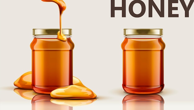 Pure honey jar , set of glass jar with honey dripping from top in  illustration, beige background