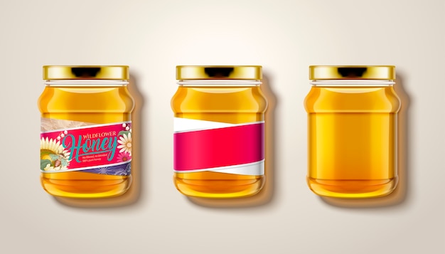 Pure honey jar , top view of glass jars with honey in  illustration, some with labels and package 