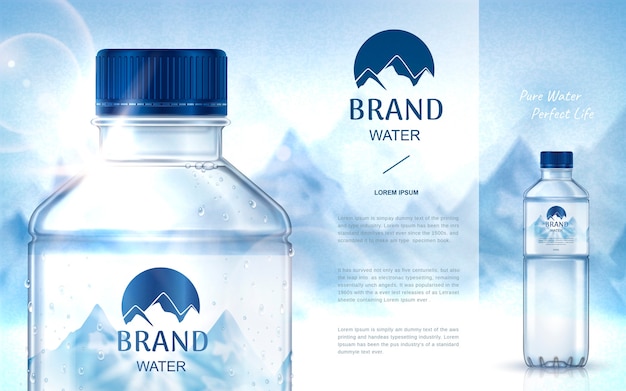 pure mineral water ad, with bottle close up on the left side and smaller bottle on the right side, snow mountain background 