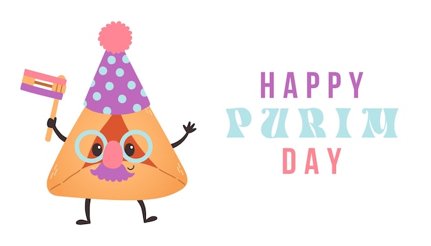 Purim holiday banner design with hamantaschen cookies funny cartoon characters. Happy Purim day