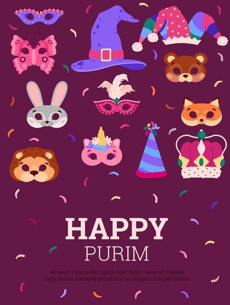 Purim holiday greeting card design with carnival masks flat vector illustration