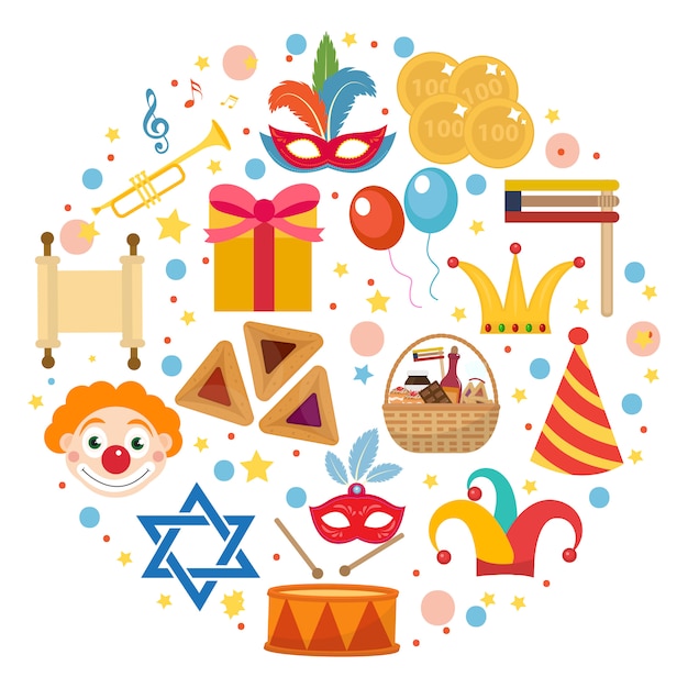 Purim icons set in round shape, isolated on white background. illustration clip-art.