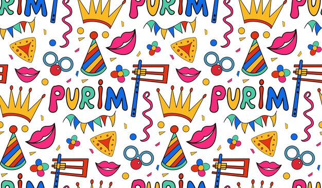 Purim seamless pattern with carnival elements. Happy Purim Jewish festival, carnival, endless background, texture, wallpaper. Vector illustration.