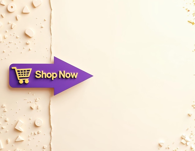 Vector a purple arrow points to the right and the words shop now with shopping cart icon on it