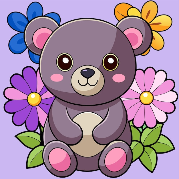 a purple background with a bear and flowers and a purple background