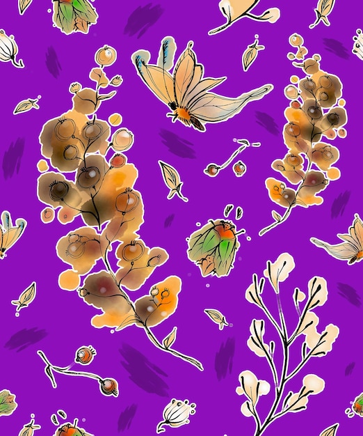 A purple background with a butterfly and flowers.