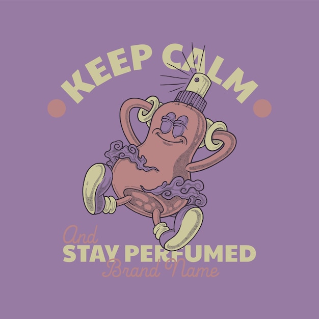 A purple background with a purple illustration of a brown coffee mug and a purple mug that says keep calm and stay perfumed.