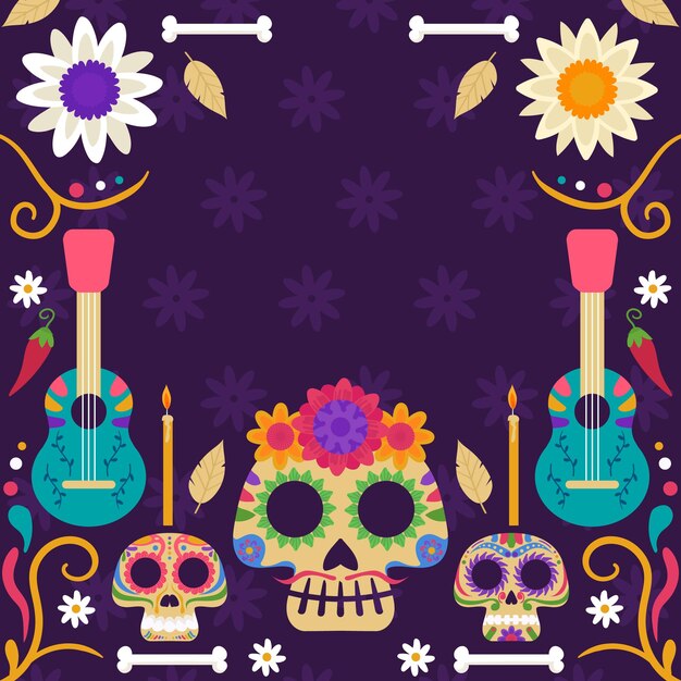 Vector a purple background with a skull and flowers and a skull and a guitar