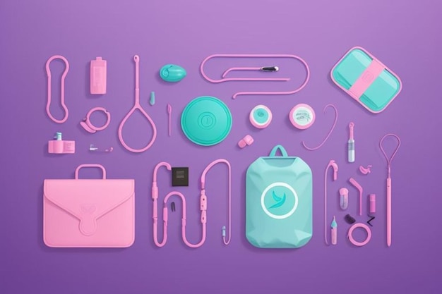 a purple background with various items including a pink bag a bag and a bag