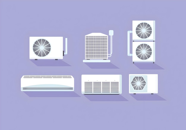 Vector a purple background with a white and black fan and other electronic devices