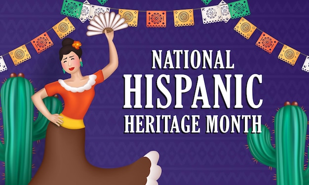 Vector purple banner with ethnic pattern papel picado and 3d cartoon woman dancing hispanic heritage month