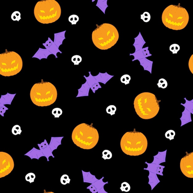 Purple bats pumpkins and skull on dark background seamless pattern