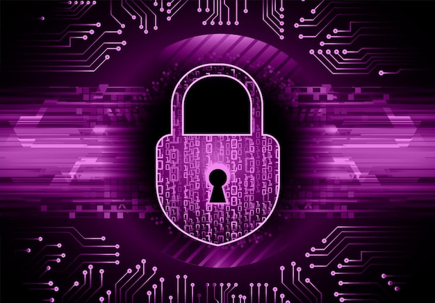 A purple and black digital padlock with a keyhole in the middle.