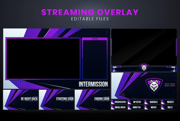 Vector purple and black twitch stream overlay template with wolf logo