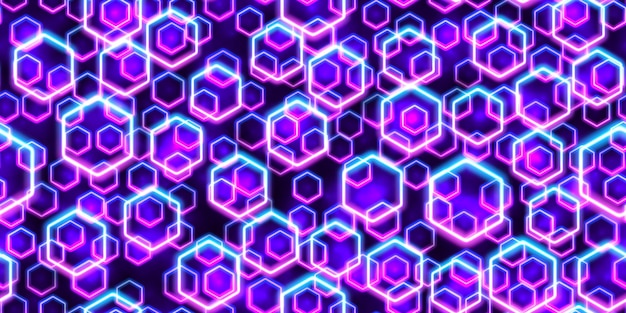 Purple and blue floating neon hexagons seamless pattern