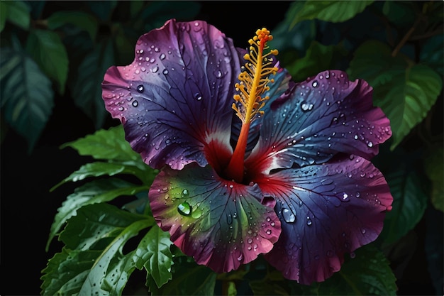 a purple and blue hibiscus flower with water drops