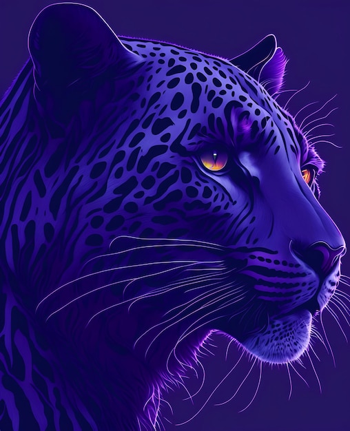 A purple and blue jaguar with yellow eyes