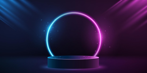 Purple and blue neon scene with glowing and sparkling neon frame 3d podium to display your brand Pedestal for your mockup Abstract background Vector illustration