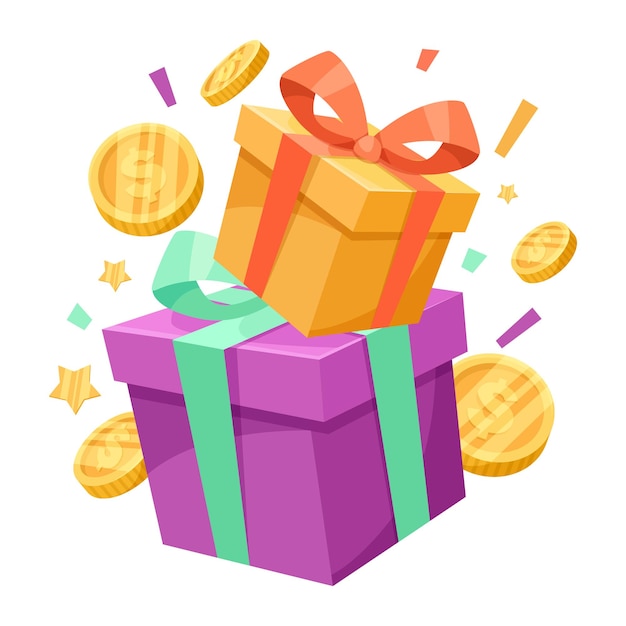 A purple box with a gold bow on top of it There are many gold coins scattered around the box Vector illustration