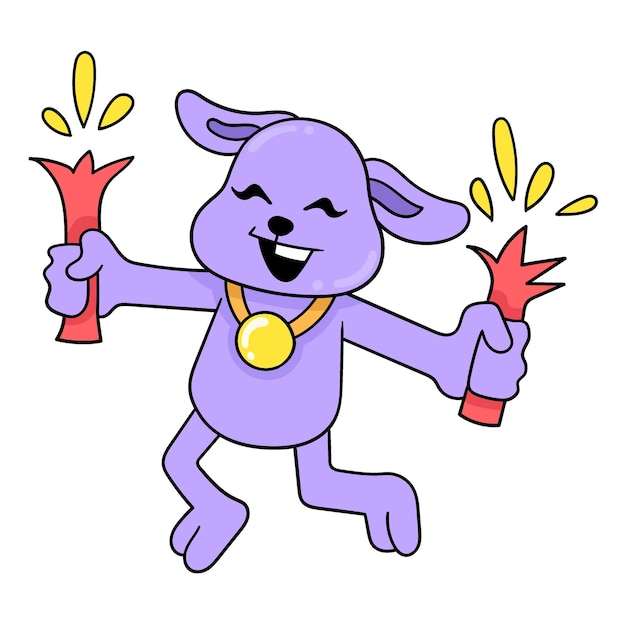 Purple bunny celebrating new year holding fireworks doodle icon image kawaii