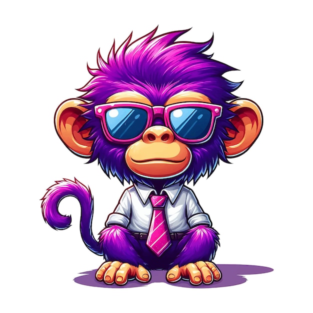 A purple cartoon monkey wearing a suit tie and sunglasses