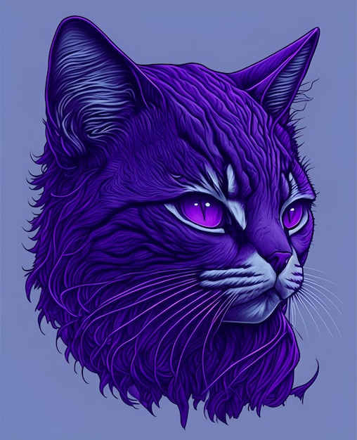 A purple cat with purple eyes is on a blue background.