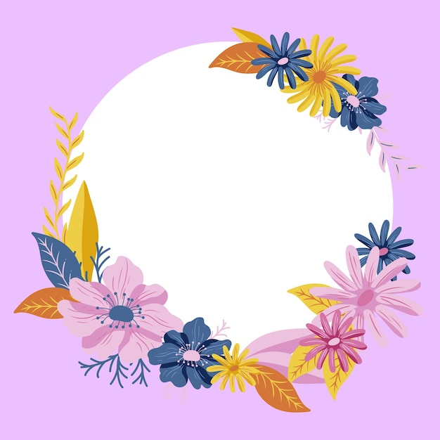 Purple Colored Circle Shape Text Frame Surrounded With Assorted Flowers Hearts And Leaves Framework For Writing Ringed With Different Daisies Hearts And Tree Leaves