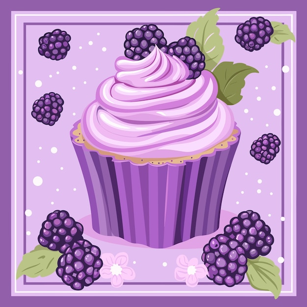 Purple Cupcake with Blackberries and Whipped Cream