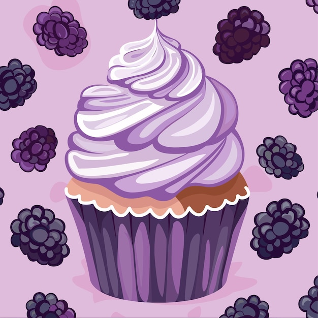 Purple cupcake with whipped cream and blackberries on a pink background