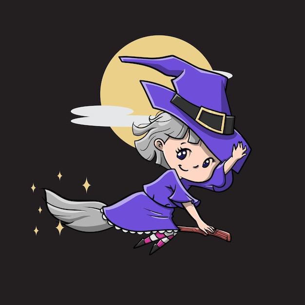 Purple Cute Chibi Witch Vector Illustration