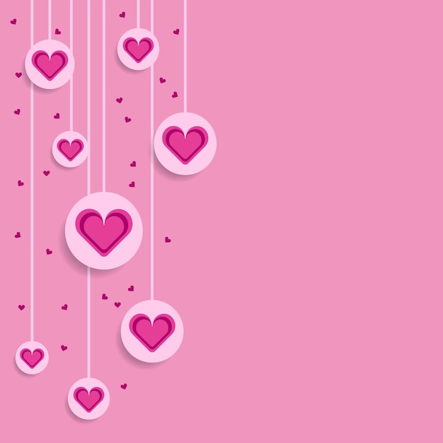 Purple decorative hanging hearts on pink background with copy space Happy Valentine s Day celebration