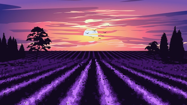 A purple field with a sunset and a purple field with a purple horizon.