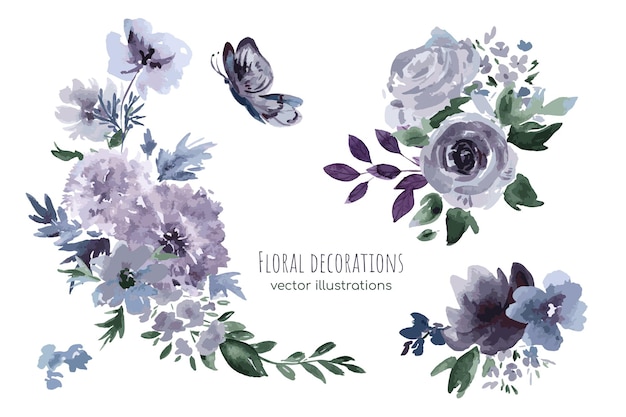 Purple floral watercolor decorative bouquets with roses, vector illustration