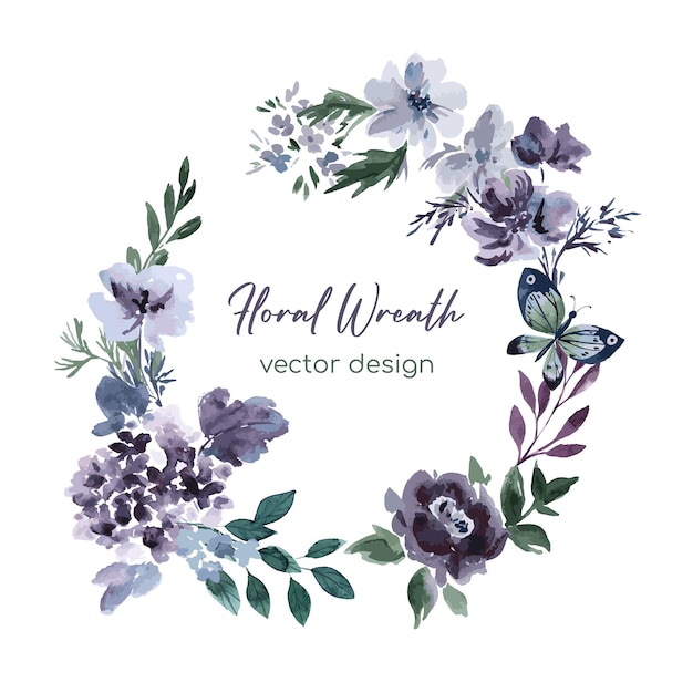 Purple floral watercolor wreath with roses and leaves, vector illustration