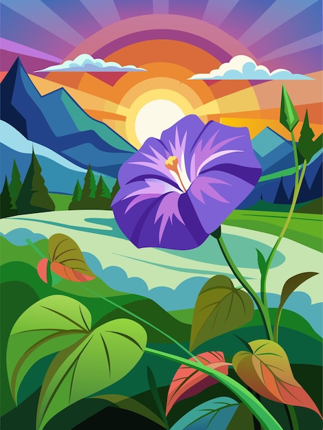 Vector purple flower blooming in a mountain landscape at sunrise