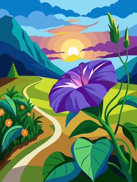 Purple Flower Blooming in a Mountainous Landscape at Sunset