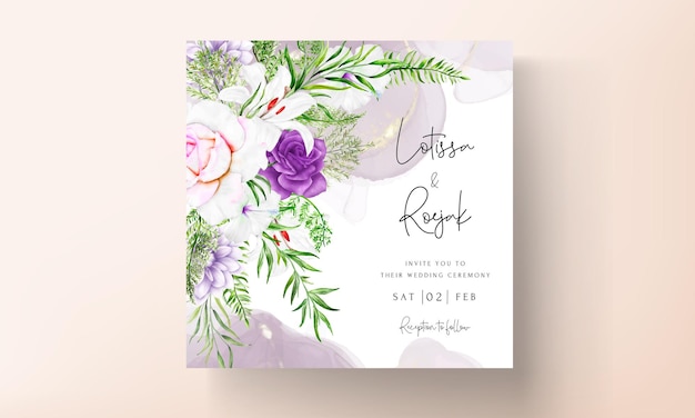 purple flower and leaves wedding invitation card template