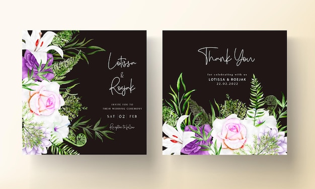 purple flower and leaves wedding invitation card template