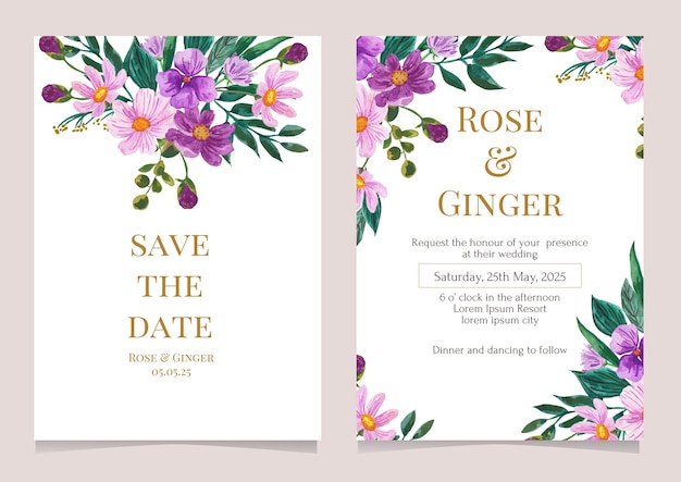 Purple flower watercolor illustration wedding invitation card template