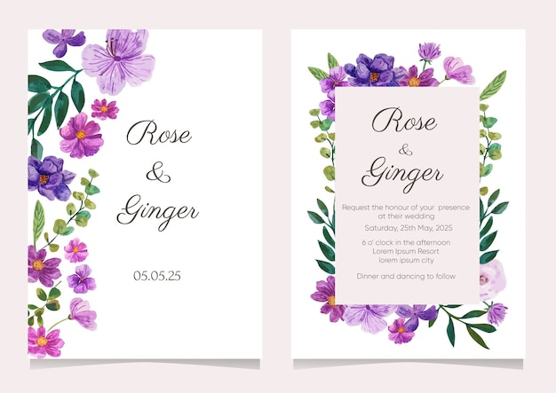 Purple flower watercolor illustration wedding invitation card template