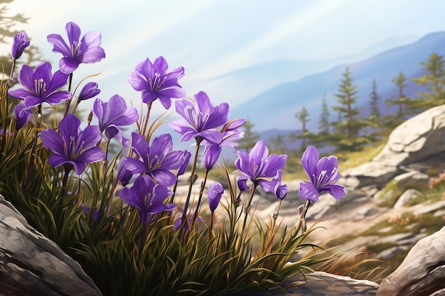 Vector purple flowers are blooming on a rock with mountains in the background