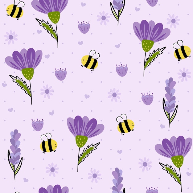 Purple flowers and bee cartoon style