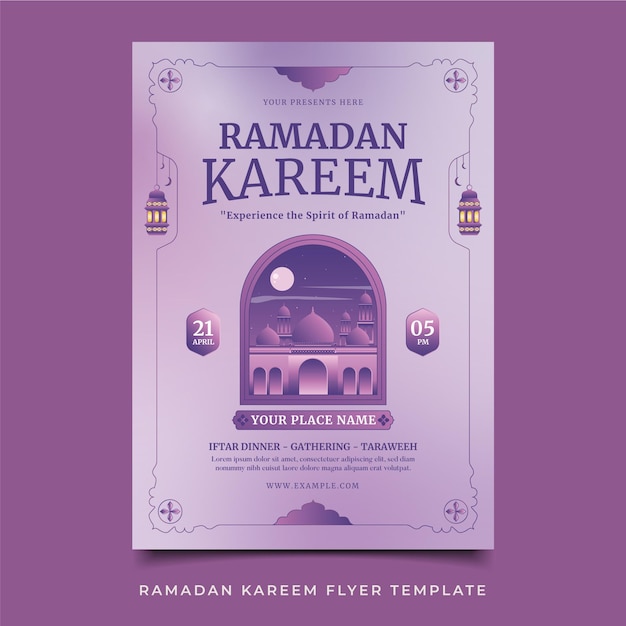 A purple flyer with a picture of a mosque and the words ramadan kareem