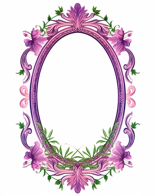 Vector purple frame with flowers and green leaves on