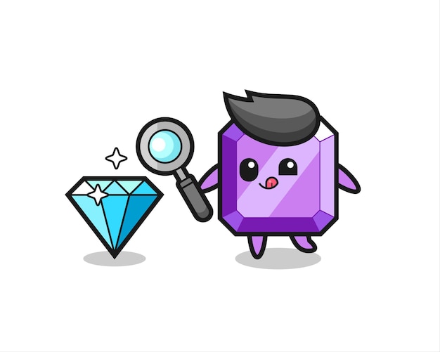 Purple gemstone mascot is checking the authenticity of a diamond , cute style design for t shirt, sticker, logo element